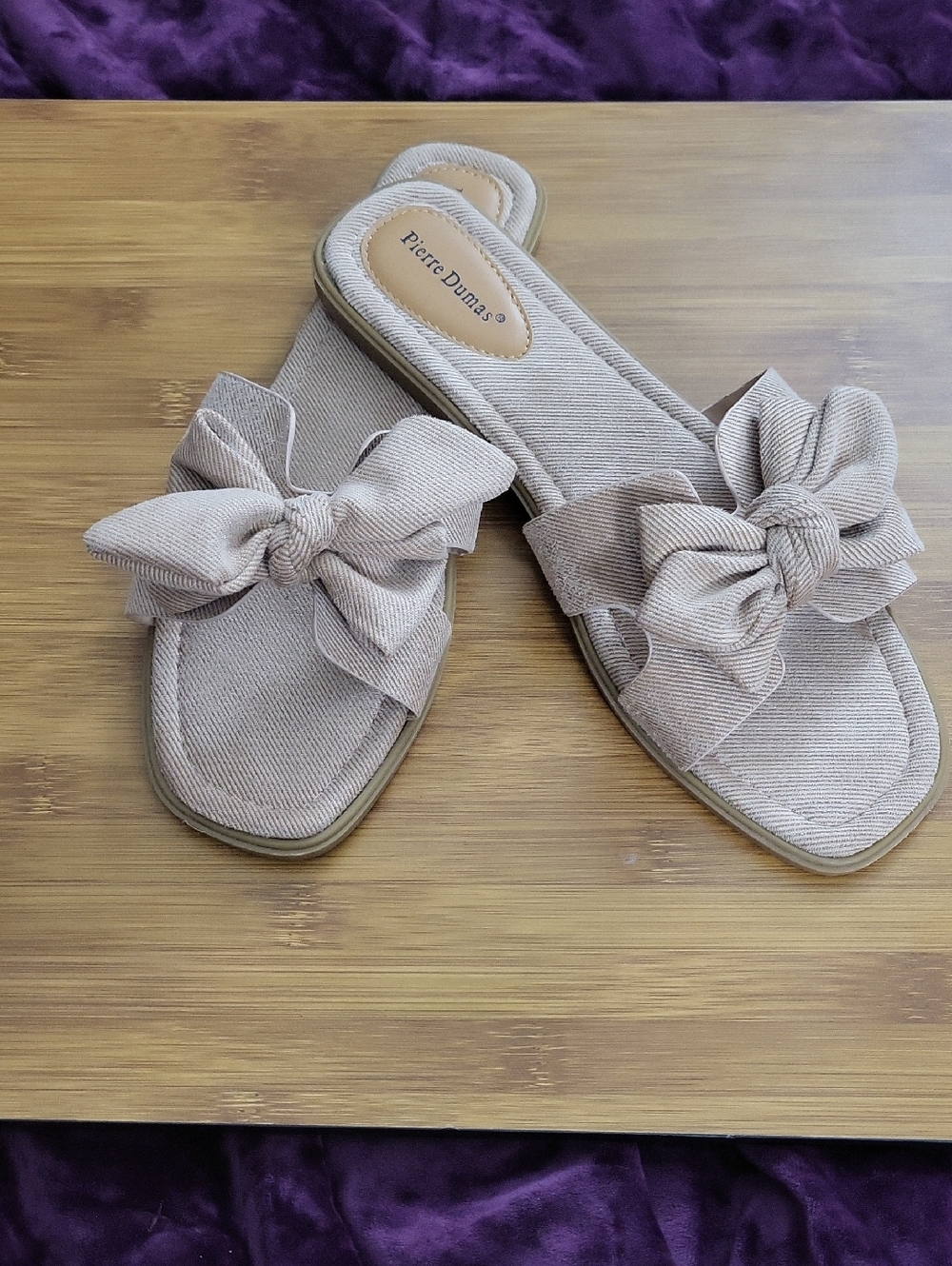 Pierre Dumas Taupe Knot Bow Slide Mules